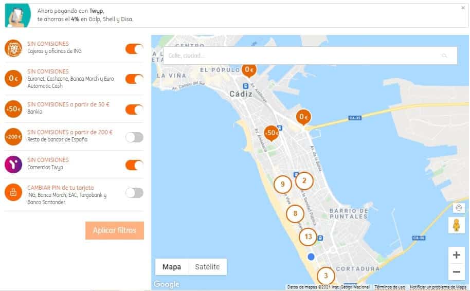 buscador de cajeros automáticos ing en España desde la app móvil o la página web 